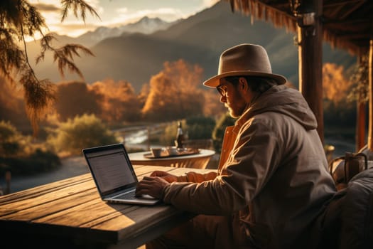 Digital nomad working on a laptop with a breathtaking mountain view. Generative AI.