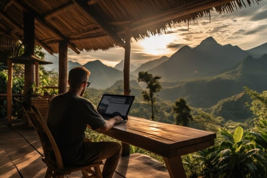 Digital nomad working on a laptop with a breathtaking mountain view. Generative AI