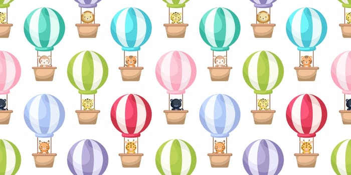 Cute little animals fly on hot air balloons seamless childish pattern. Funny cartoon animal character for fabric, wrapping, textile, wallpaper, apparel. Vector illustration.