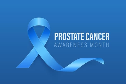 Prostate Cancer Banner, Card, Placard with Vector 3d Realistic Blue Ribbon on Blue Background. Prostate Cancer Awareness Month Symbol Closeup, September. World Prostate Cancer Day Concept