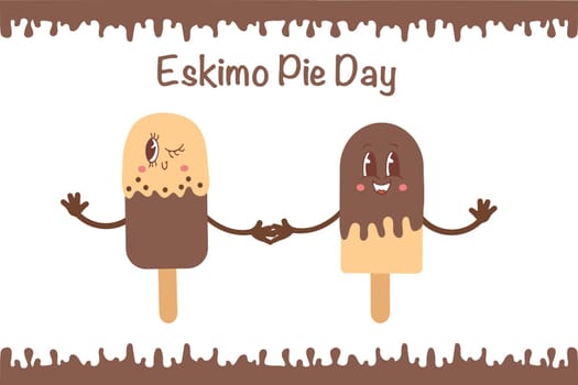 Eskimo pie day. Popsicle ice cream on a stick in the style of kawaii. Vector illustration isolated on a white background.