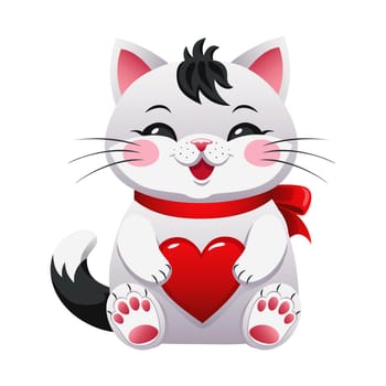 Cute kitten with a red ribbon and a heart