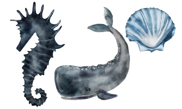 Watercolor set whale, seahorse and seashell isolated images on white background. Animalistic drawings in blue colors of oceanic animals. For children's educational cards and greeting cards. Marine theme
