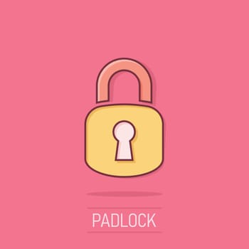 Padlock icon in comic style. Lock cartoon vector illustration on white isolated background. Private splash effect business concept.