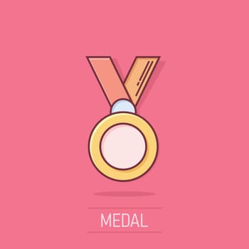 Medal icon in comic style. Prize cartoon sign vector illustration on white isolated background. Trophy award splash effect business concept.