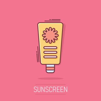 Sun protection icon in comic style. Sunblock cream cartoon vector illustration on white isolated background. Spf care splash effect business concept.