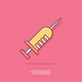 Syringe icon in comic style. Inject needle cartoon vector illustration on white isolated background. Drug dose splash effect business concept.