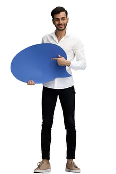 full-length man on a white background holding a sign comment