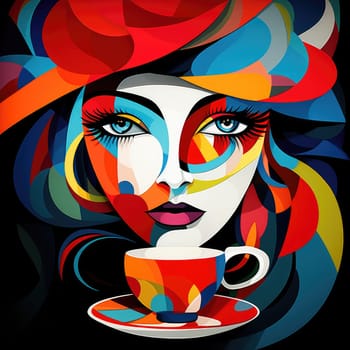 Woman with a cup of coffee in bright pop art style. 