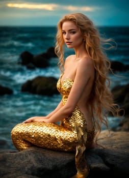 mermaid sits on the seashore. Selective focus. people.