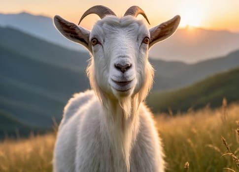 a goat standing in a field at sunset.