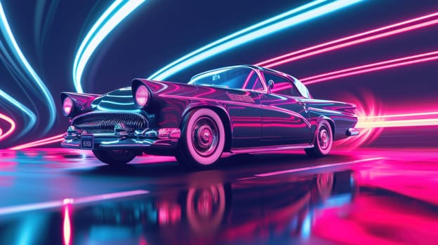 The car classic in the background are neon lines suggesting speed and motion. Generative AI