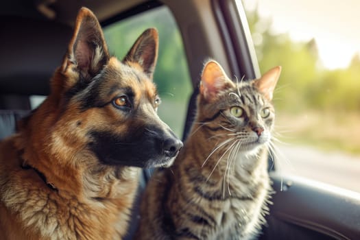 Happy dog and cat together in car looking out of the window. summer vocation travel