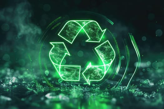 Glowing sign of green recycling symbol on black background. futuristic design, green light effect