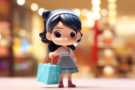 A girl and shopping cart shopping concept 3d Tiny cute isometric Generative AI
