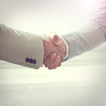 Handshake, business people and agreement in partnership, meeting and thank you for recruitment. Coworkers, closeup and deal for opportunity in workplace, collaboration and support in cooperation
