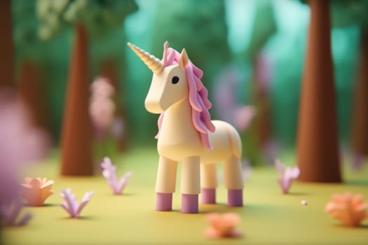 A Unicorn horse walking in forest 3D Tiny cute isometric Generative AI.