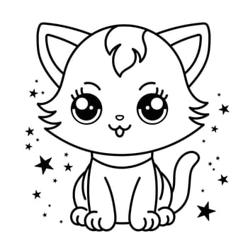 Cute cat coloring page for kids. Cartoon fluffy cat illustration.