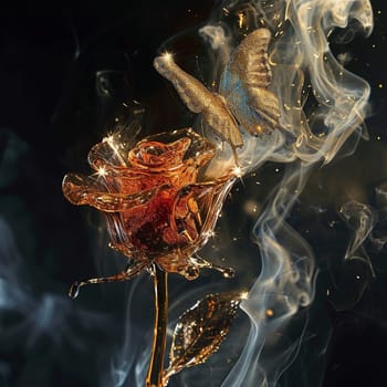 Dried flowers and smoke on a black background. glass rose smokes and a glitter butterfly sits on it, shining. Ai Generated