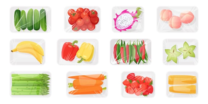 Fresh vegetables and fruit in plastic trays with polythene transparent wrapping set