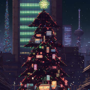 large decorated Christmas tree in city, pixel art, neural network generated