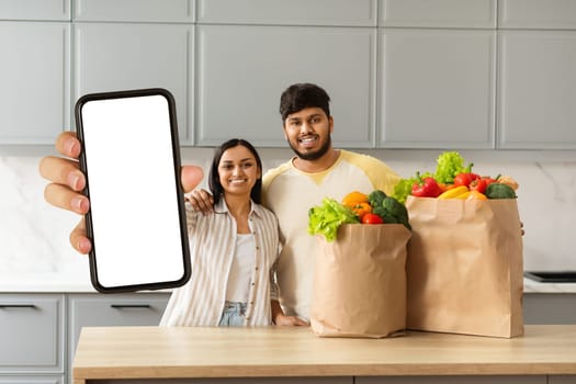Loving indian couple showing bags full of grocery and smartphone