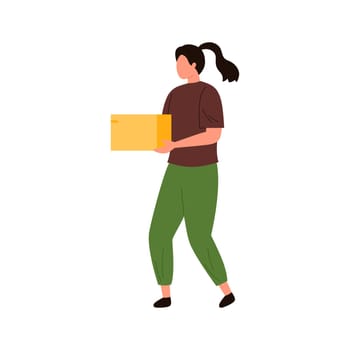 Woman holding cardboard box to carry and deliver package from warehouse