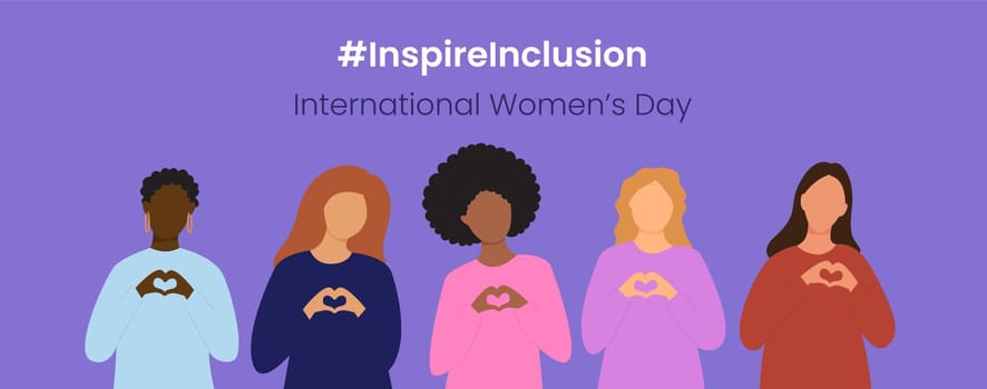 Inspire Inclusion slogan International Women's Day 8 march 2024. Iwd world campaign. Vector women's characters on violet background.