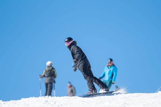 Skier on the slopes of Grandvalira in Andorra in winter 2024.