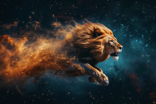 Lion leaps in the vast starry sky, with dynamic composition, starry background, AI Generative