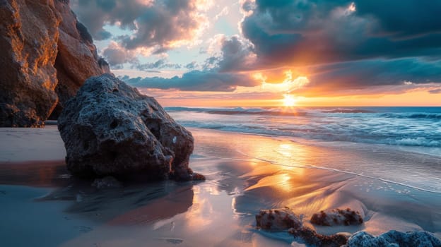 a beautiful inviting beach scene with sunset sky. AI generative