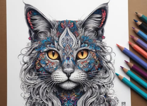 Drawing Mystical cat picture with ornament, pencils