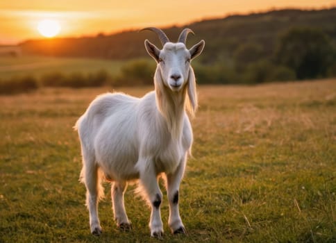 The image captures a close-up of a white goat during the golden hour, with the sun setting in the background. The serene and peaceful environment is enhanced by the soft lighting and expansive landscape.
