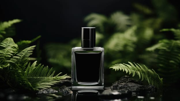 Transparent black glass perfume bottle mockup with plants on background. Eau de toilette. Mockup, spring flat lay.