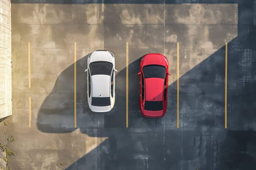 Top Angle View of Cars Parked on outdoor Parking Lots area in front of building with Shadow