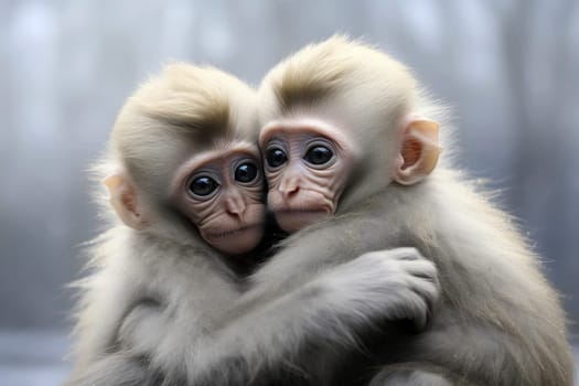 Mother monkey with her monkey child hug together in shinning light. Generative AI