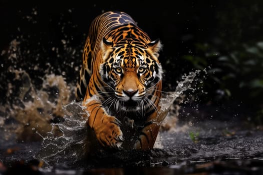a close up of a tiger in the water with a splash of water on it's face and it's face.