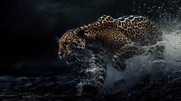 a close up of a leopard in the water with a splash of water on it's face and it's face.
