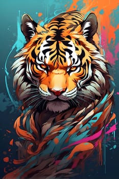 Colorfully Painted Tiger Face. Generative AI.
