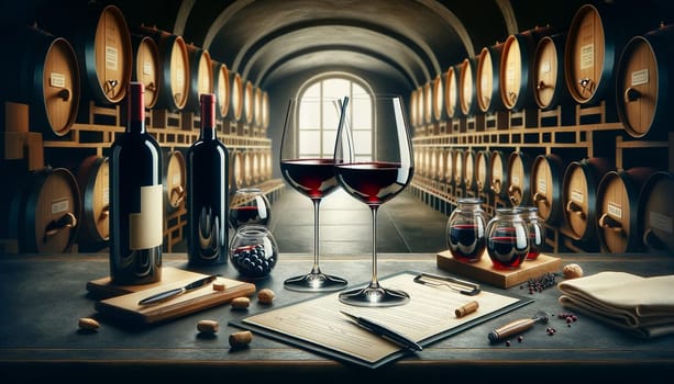 A refined wine tasting setting with two glasses of red wine, presented in a cellar or tasting room, alongside bottles and tasting notes High quality illustration