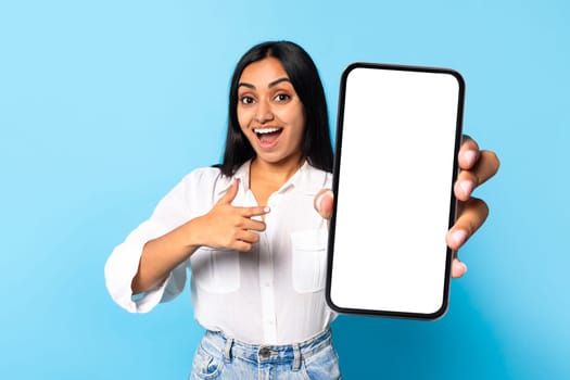 Indian Woman Holding And Pointing At Big Blank Smartphone, Collage