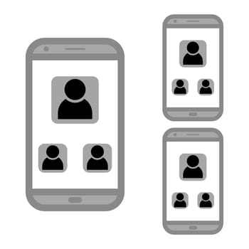 Vector icon of video conference from phone. Business chat on a smartphone. Communication of three people on a smartphone. Three people icons in three smartphones. Vector illustration. Icon isolated.