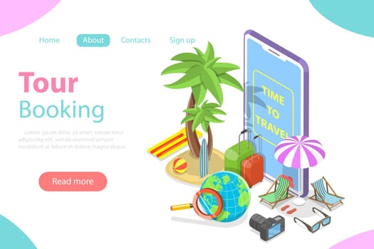 Online tour booking flat isometric vector concept.