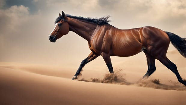 Majestic Horse Running in Sandy Landscape With Clouds. Generative AI.