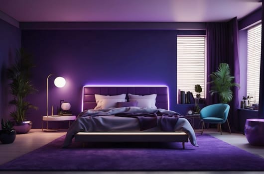 A Bedroom With Purple Walls and a Purple Bed. Generative AI.
