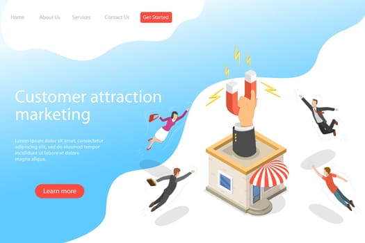 Flat isometric vector landing page template for client attracting.