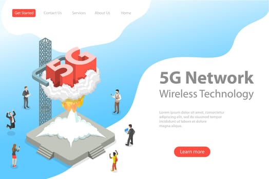 Isometric flat vector landing page template of 5G , global wireless network.