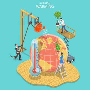 Isometric flat vector concept of global warming, climate change.
