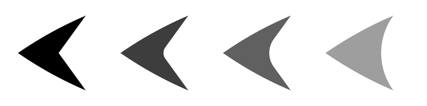 Arrows black set. Vector set of black arrows pointing to the left in a flat style. Arrow icons for design and interface. Vector illustration.