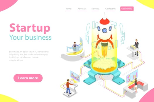 Flat isometric vector landing page template of new business startup.